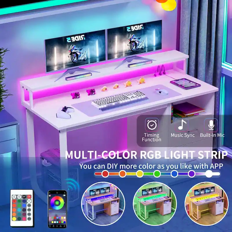 Bureau informatique avec lumières LED RGB, support d'écran, tiroirs Blanc Marron
