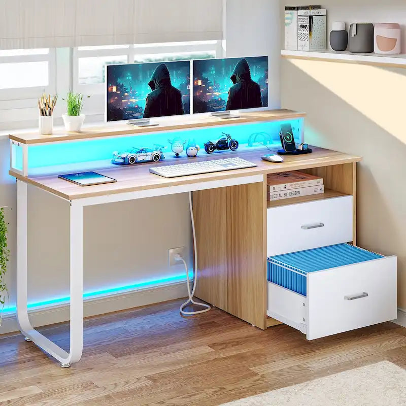 Bureau informatique avec lumières LED RGB, support d'écran, tiroirs Blanc Marron