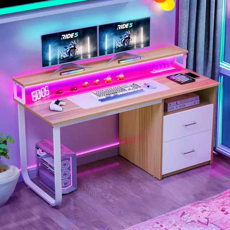 Bureau informatique avec lumières LED RGB, support d'écran, tiroirs Blanc Marron