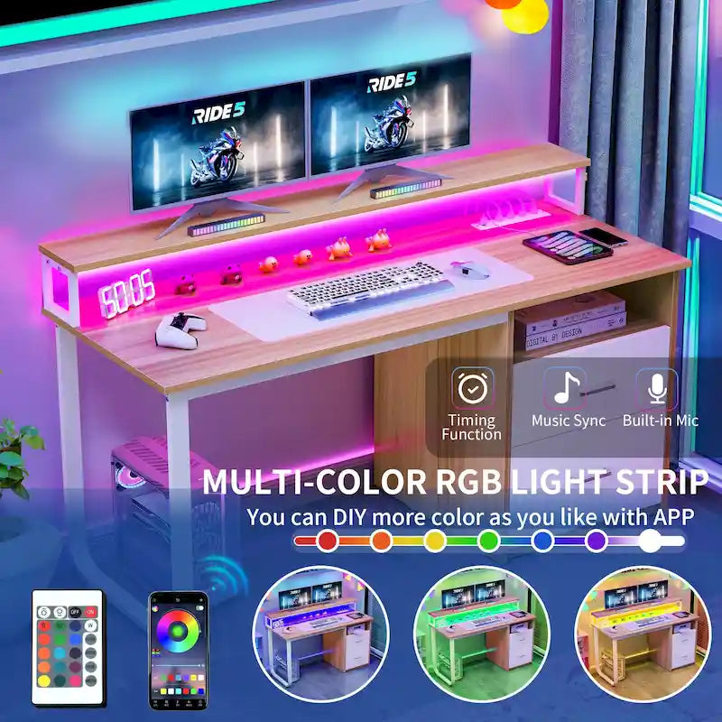 Bureau informatique avec lumières LED RGB, support d'écran, tiroirs Blanc Marron