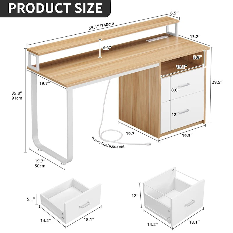 Bureau informatique avec lumières LED RGB, support d'écran, tiroirs Blanc Marron