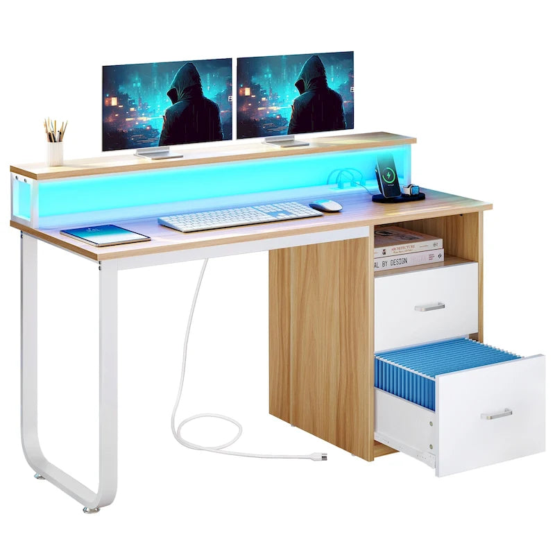 Bureau informatique avec lumières LED RGB, support d'écran, tiroirs Blanc Marron