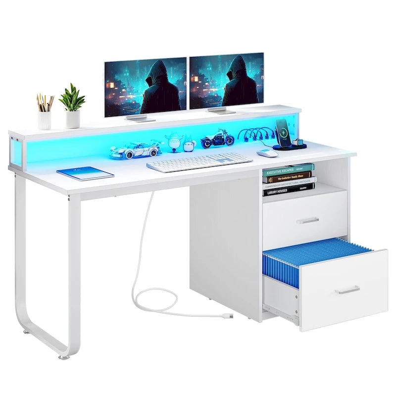 Bureau informatique avec lumières LED RGB, support d'écran, tiroirs Blanc Marron