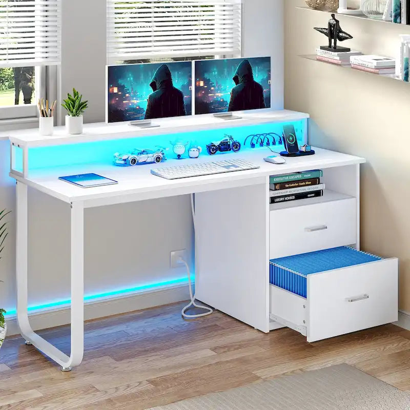 Bureau informatique avec lumières LED RGB, support d'écran, tiroirs Blanc Marron