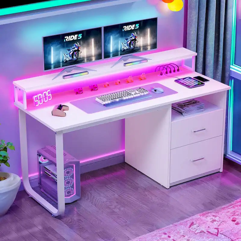 Bureau informatique avec lumières LED RGB, support d'écran, tiroirs Blanc Marron