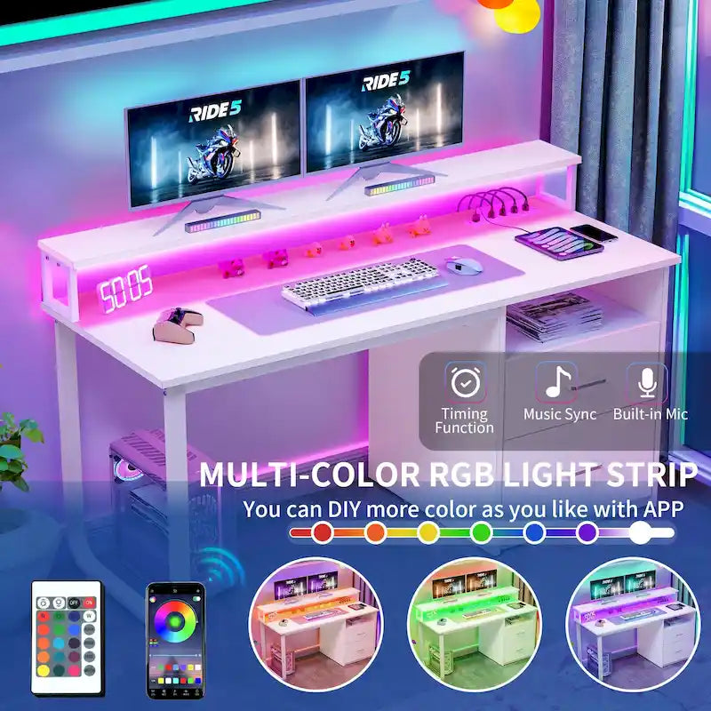 Bureau informatique avec lumières LED RGB, support d'écran, tiroirs Blanc Marron