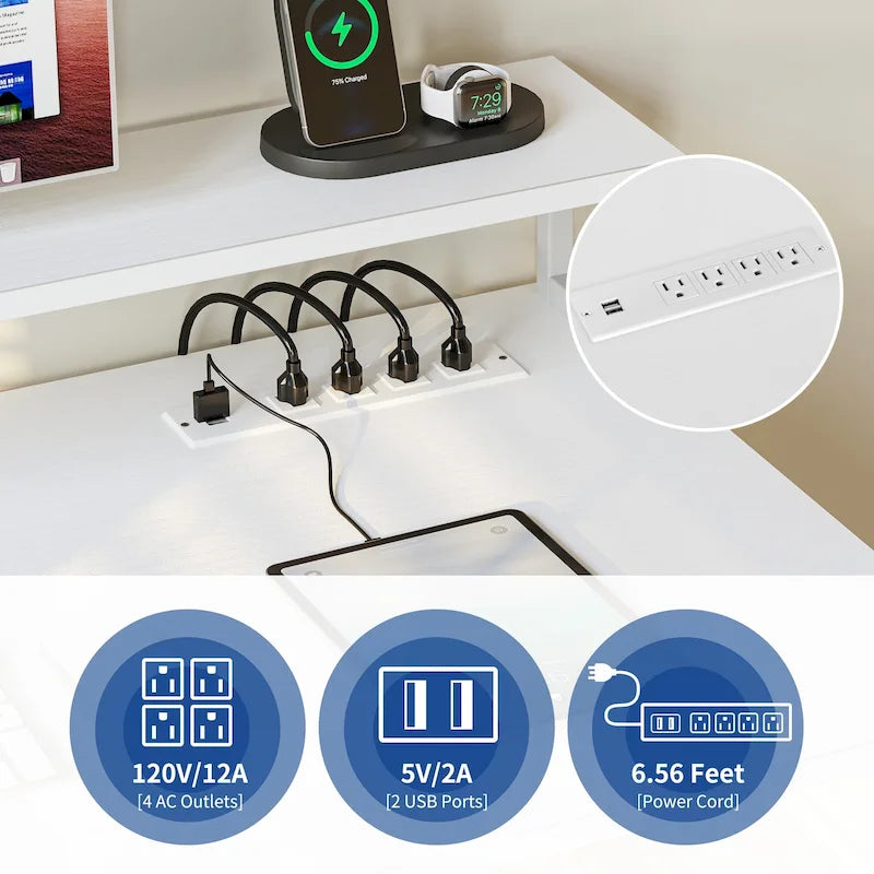 Bureau informatique avec lumières LED RGB, support d'écran, tiroirs Blanc Marron