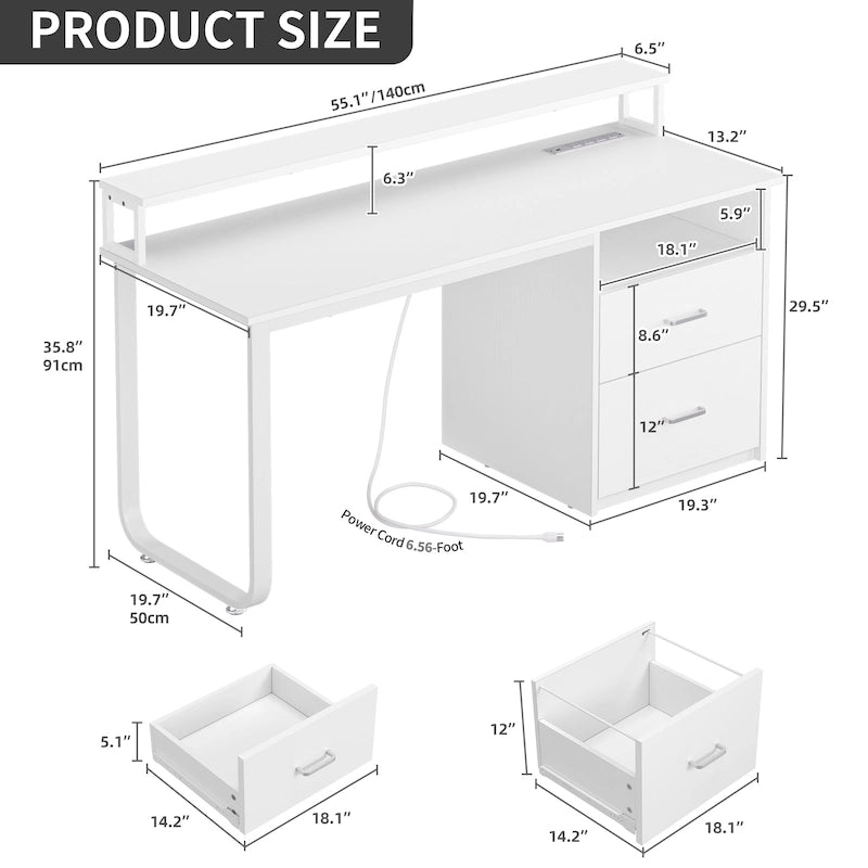 Bureau informatique avec lumières LED RGB, support d'écran, tiroirs Blanc Marron