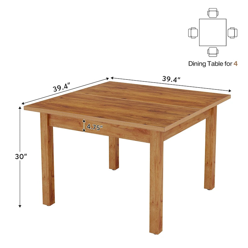 Table à manger carrée rustique avec pieds en bois massif, marron, 4 places