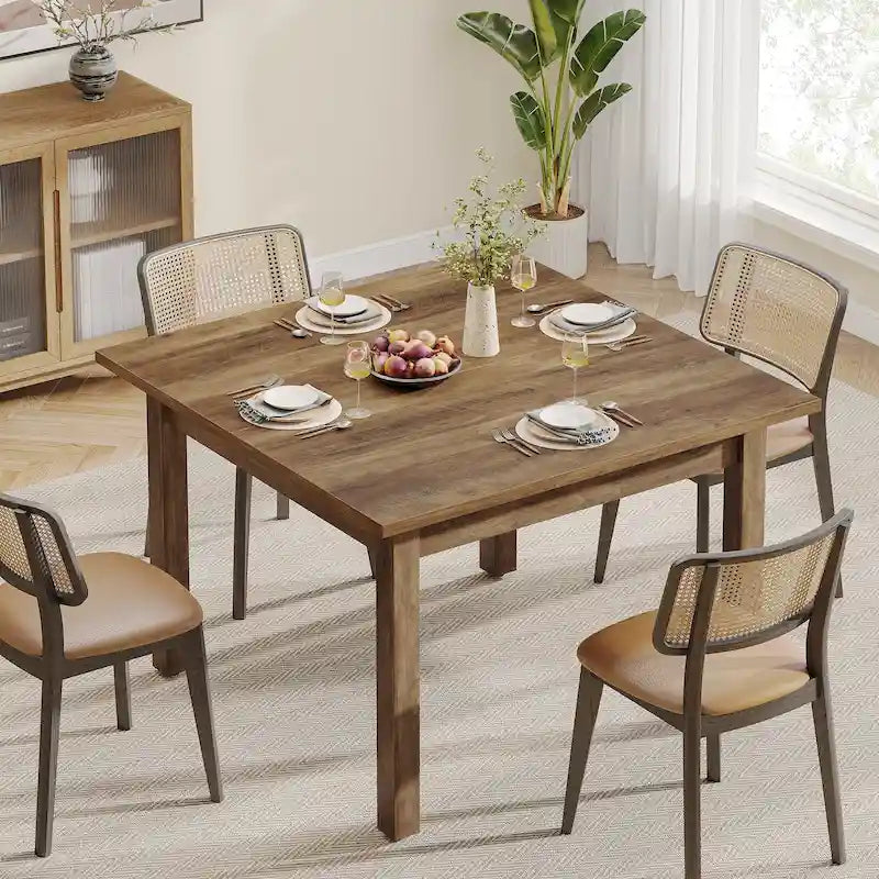 Table à manger carrée rustique avec pieds en bois massif, marron, 4 places