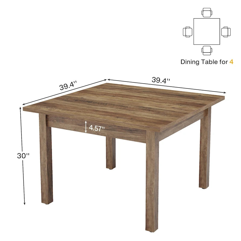 Table à manger carrée rustique avec pieds en bois massif, marron, 4 places