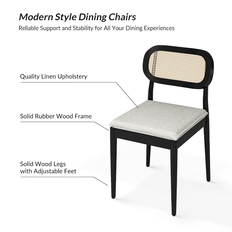 Chaise de salle à manger moderne en rotin avec coussin amovible, noir / gland