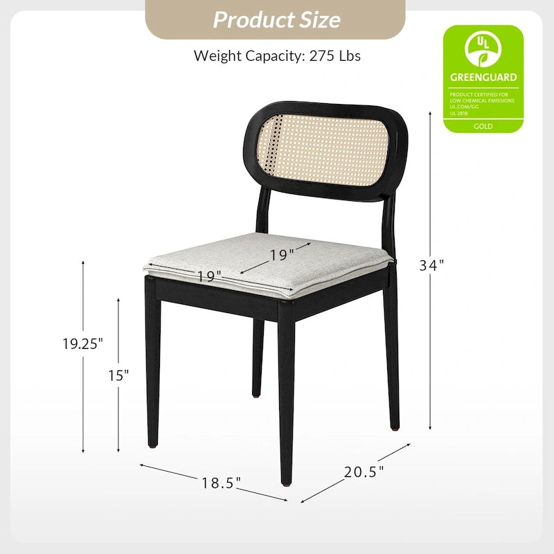 Chaise de salle à manger moderne en rotin avec coussin amovible, noir / gland