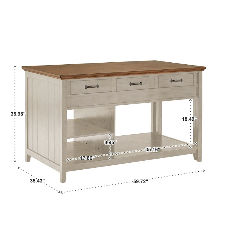 Îlot de cuisine extensible bicolore antique avec tiroirs et étagères ouvertes