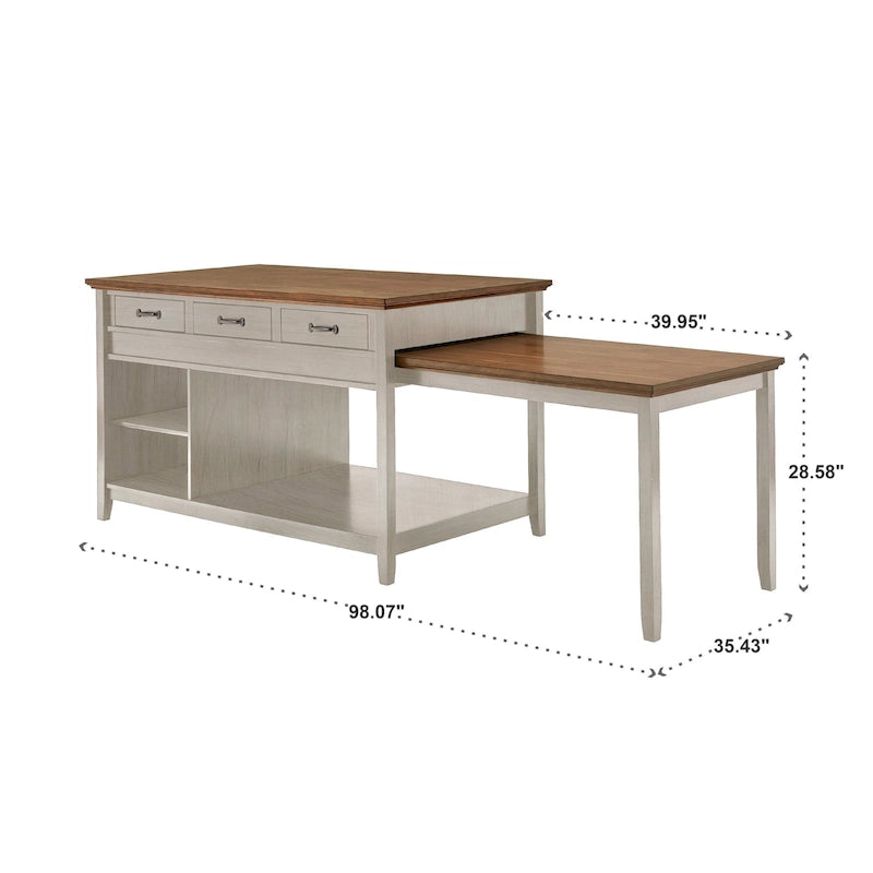Îlot de cuisine extensible bicolore antique avec tiroirs et étagères ouvertes