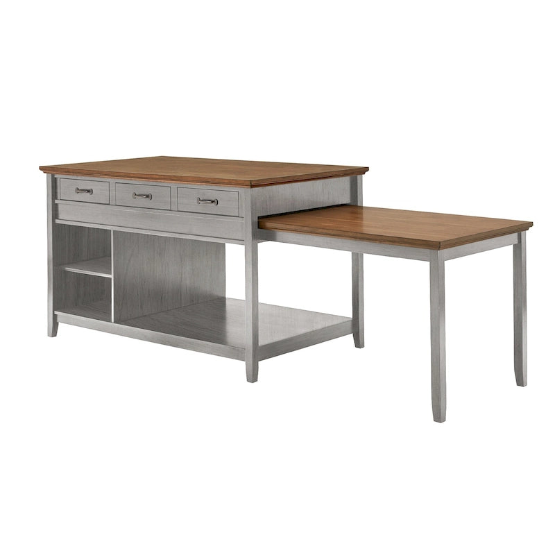 Îlot de cuisine extensible bicolore antique avec tiroirs et étagères ouvertes