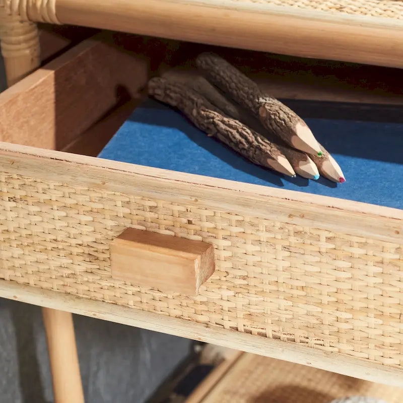 Table de chevet avec 1 tiroir, 1 étagère et rangement ouvert en bambou et rotin