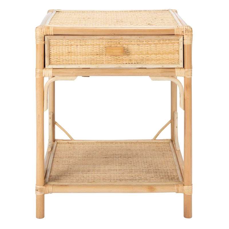 Table de chevet avec 1 tiroir, 1 étagère et rangement ouvert en bambou et rotin