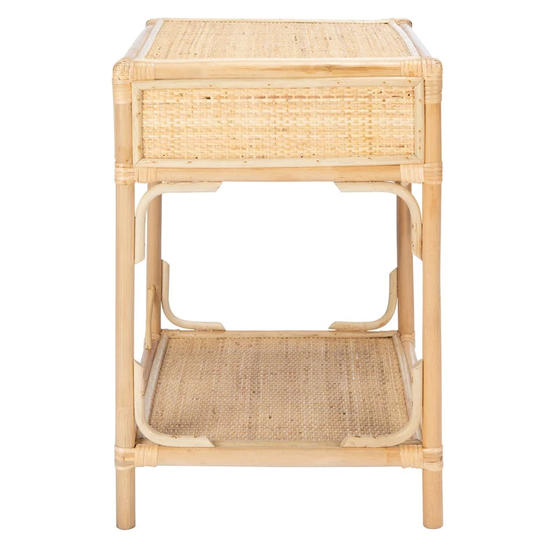 Table de chevet avec 1 tiroir, 1 étagère et rangement ouvert en bambou et rotin