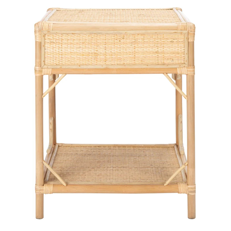 Table de chevet avec 1 tiroir, 1 étagère et rangement ouvert en bambou et rotin