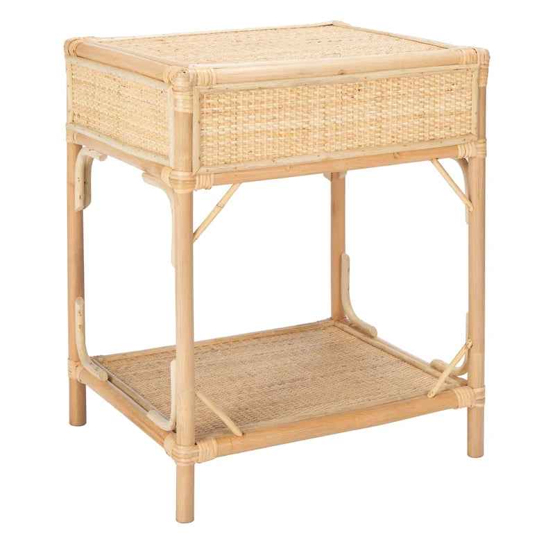Table de chevet avec 1 tiroir, 1 étagère et rangement ouvert en bambou et rotin