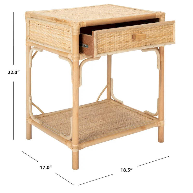 Table de chevet avec 1 tiroir, 1 étagère et rangement ouvert en bambou et rotin