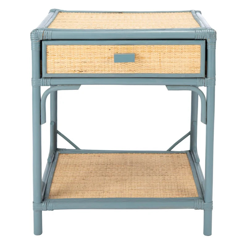 Table de chevet avec 1 tiroir, 1 étagère et rangement ouvert en bambou et rotin