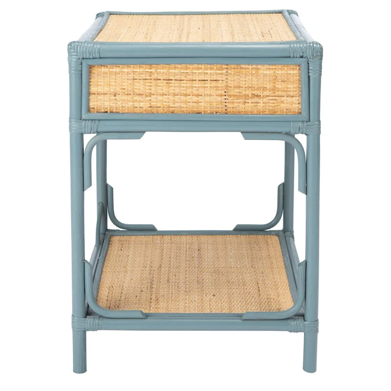 Table de chevet avec 1 tiroir, 1 étagère et rangement ouvert en bambou et rotin