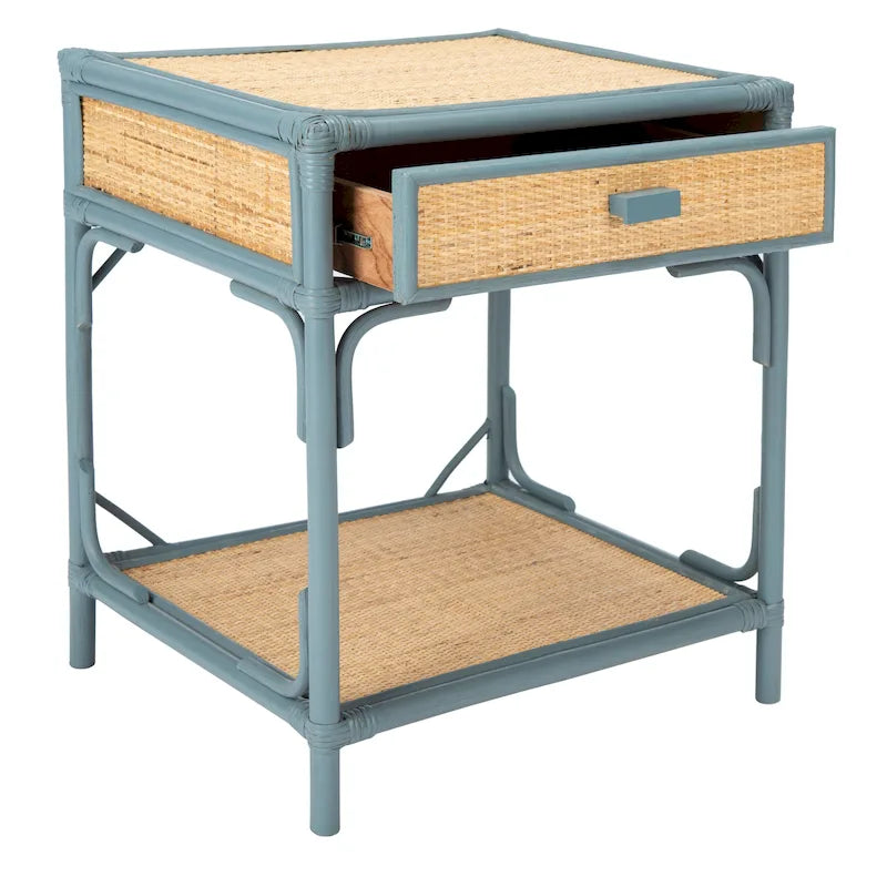 Table de chevet avec 1 tiroir, 1 étagère et rangement ouvert en bambou et rotin