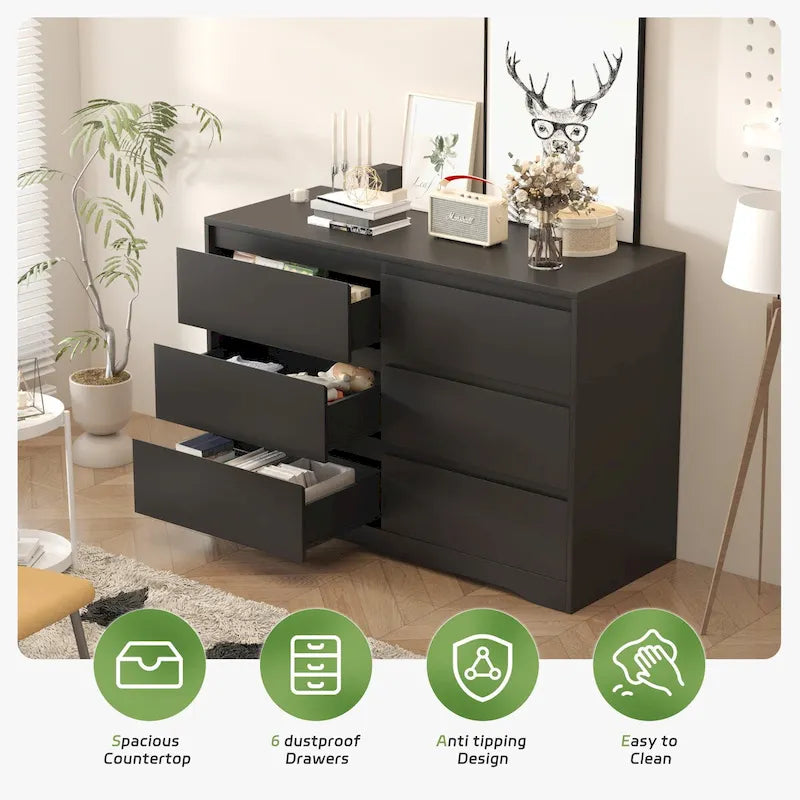 Commode de chambre à 6 tiroirs en bois avec étagère ouverte, noir/blanc
