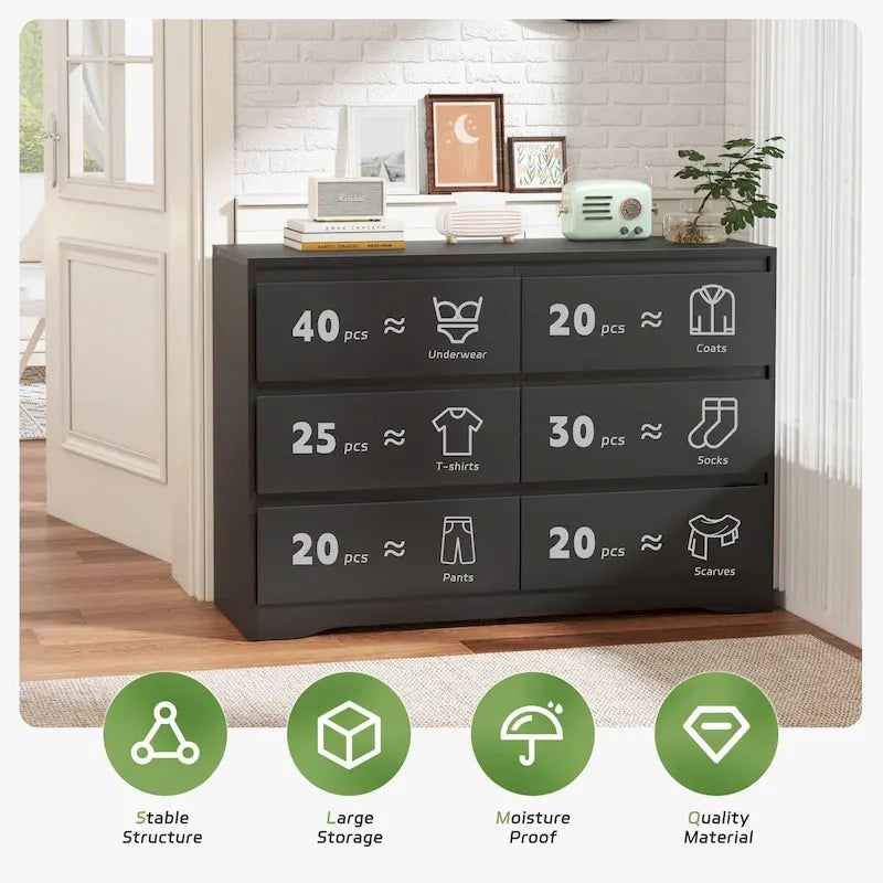 Commode de chambre à 6 tiroirs en bois avec étagère ouverte, noir/blanc