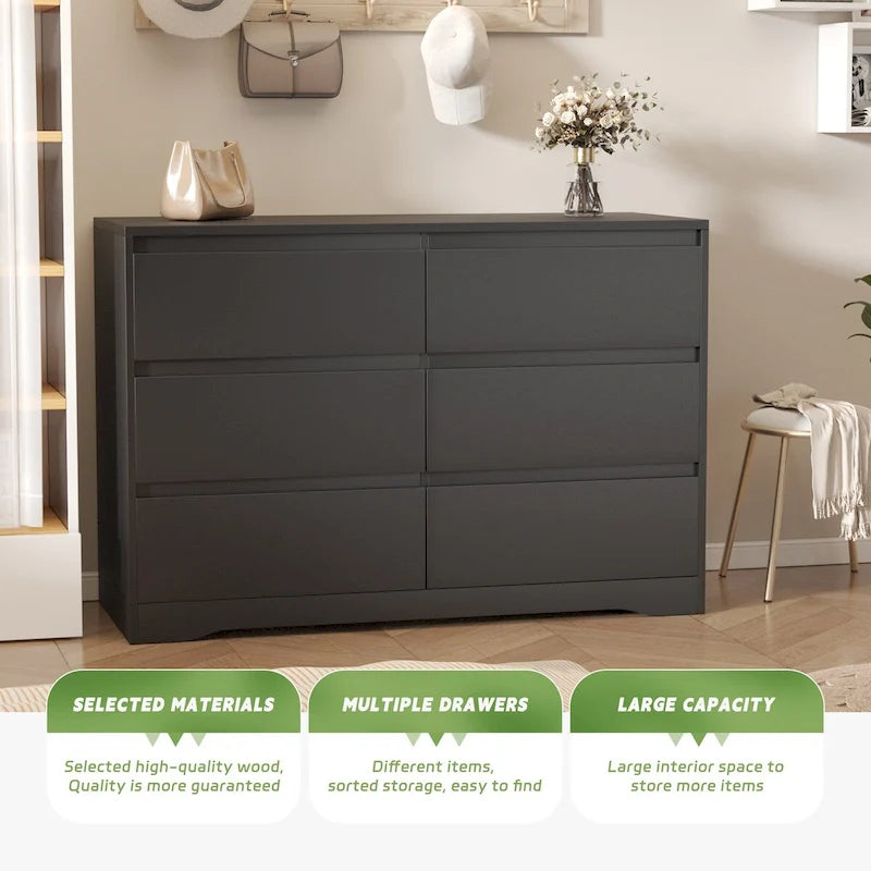 Commode de chambre à 6 tiroirs en bois avec étagère ouverte, noir/blanc