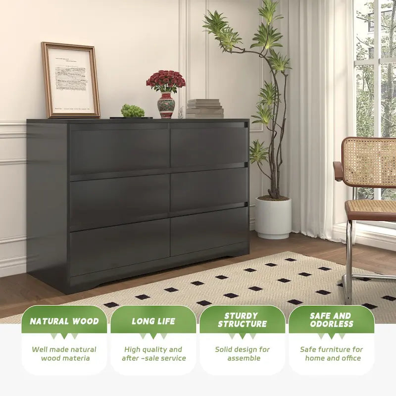Commode de chambre à 6 tiroirs en bois avec étagère ouverte, noir/blanc