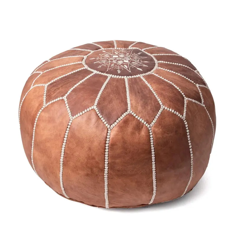 Pouf ottoman rond en cuir fait main marron