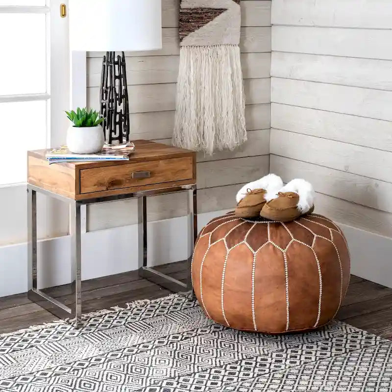Pouf ottoman rond en cuir fait main marron