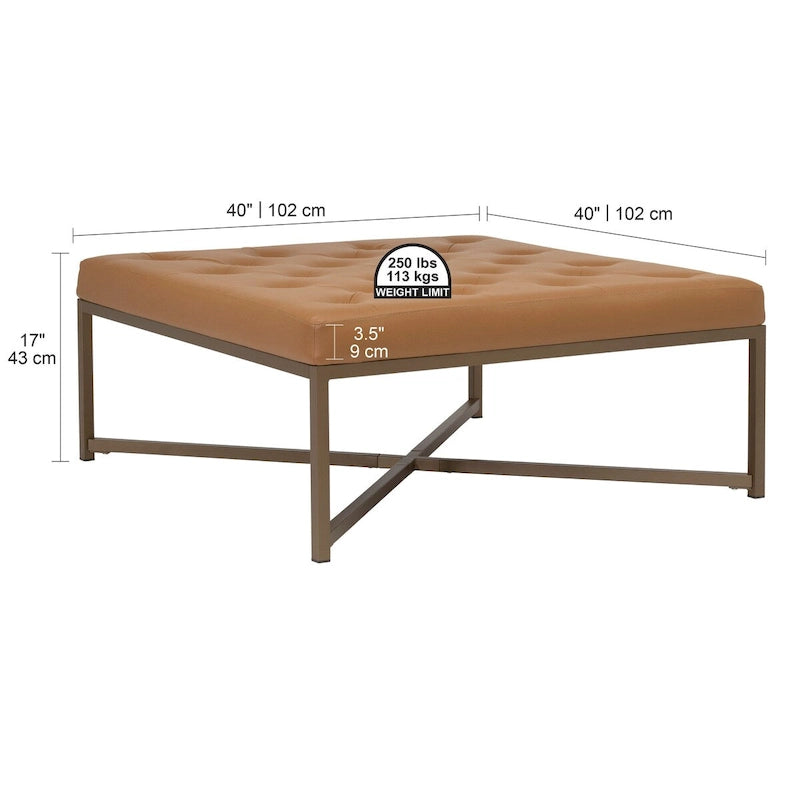 Pouf de cocktail carré en cuir reconstitué touffeté avec cadre en métal thermolaqué