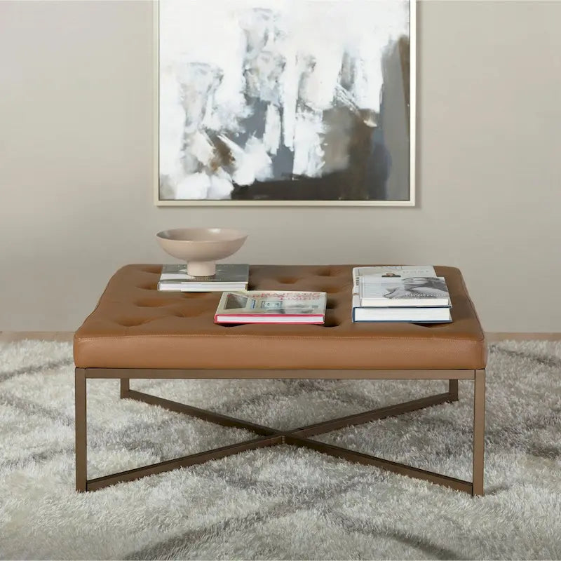 Pouf de cocktail carré en cuir reconstitué touffeté avec cadre en métal thermolaqué