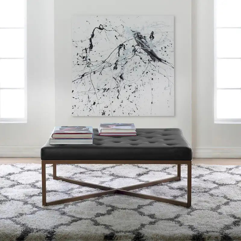 Pouf de cocktail carré en cuir reconstitué touffeté avec cadre en métal thermolaqué