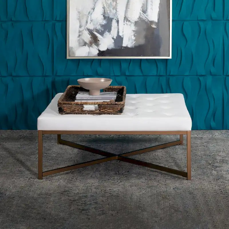 Pouf de cocktail carré en cuir reconstitué touffeté avec cadre en métal thermolaqué