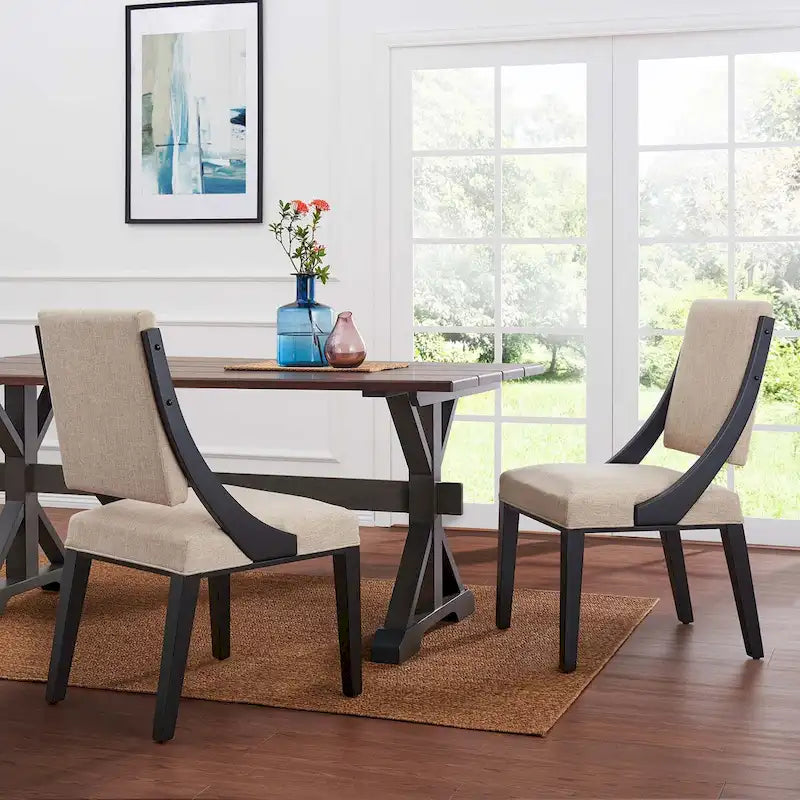 Chaise de salle à manger en tissu rembourré avec pieds en bois d'hévéa massif Beige