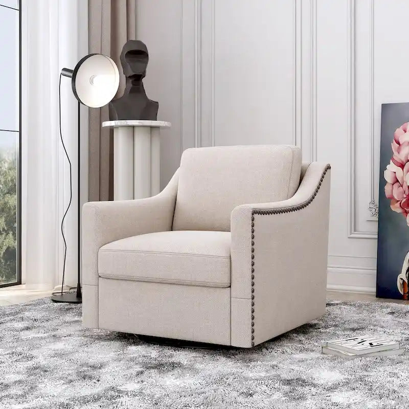 Fauteuil d'appoint pivotant en lin et coton capitonné avec clous décoratifs gris et blanc