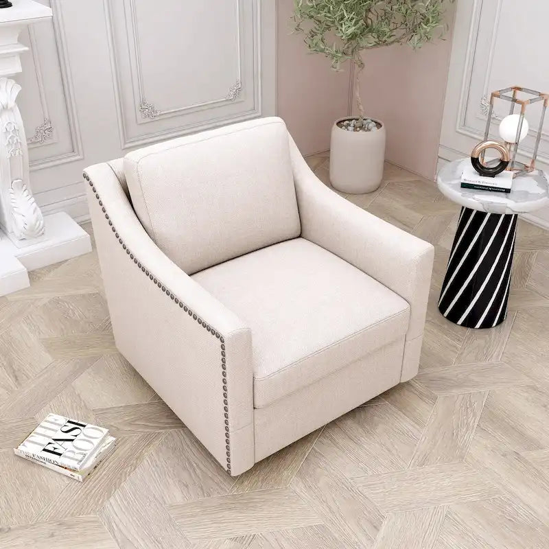 Fauteuil d'appoint pivotant en lin et coton capitonné avec clous décoratifs gris et blanc
