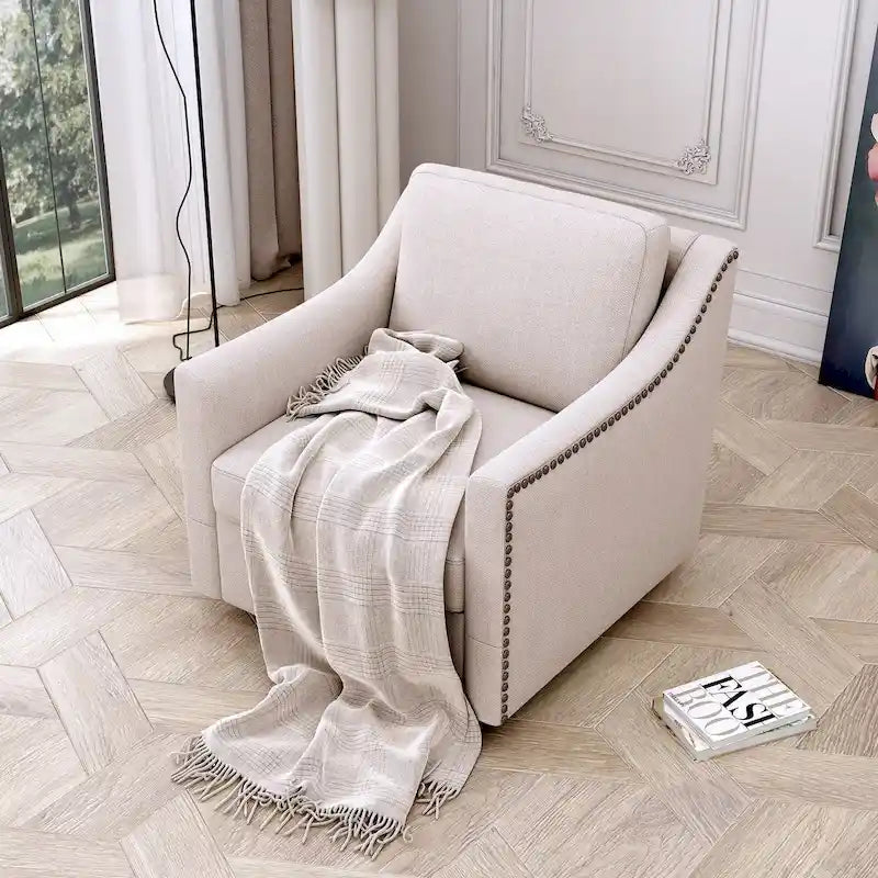 Fauteuil d'appoint pivotant en lin et coton capitonné avec clous décoratifs gris et blanc