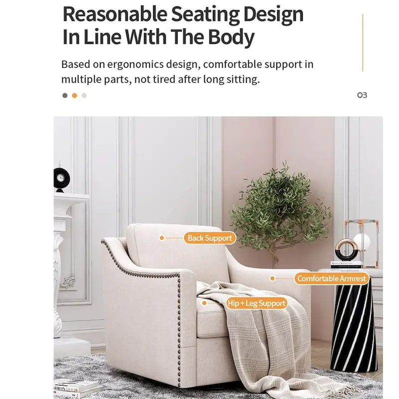 Fauteuil d'appoint pivotant en lin et coton capitonné avec clous décoratifs gris et blanc