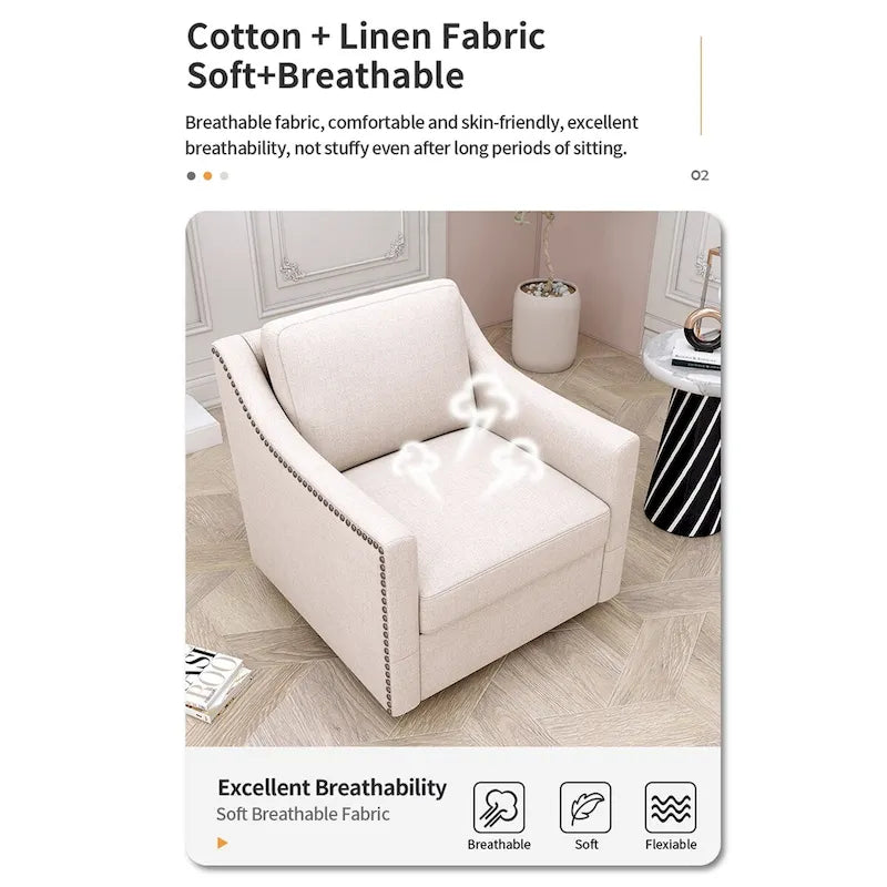 Fauteuil d'appoint pivotant en lin et coton capitonné avec clous décoratifs gris et blanc