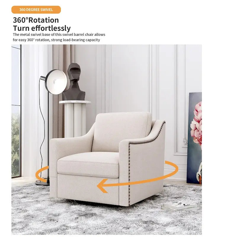 Fauteuil d'appoint pivotant en lin et coton capitonné avec clous décoratifs gris et blanc
