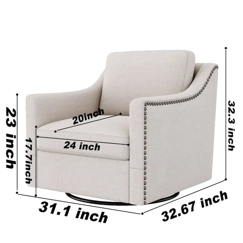 Fauteuil d'appoint pivotant en lin et coton capitonné avec clous décoratifs gris et blanc