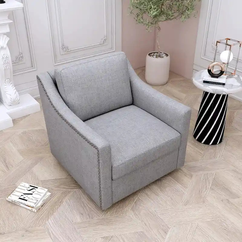 Fauteuil d'appoint pivotant en lin et coton capitonné avec clous décoratifs gris et blanc