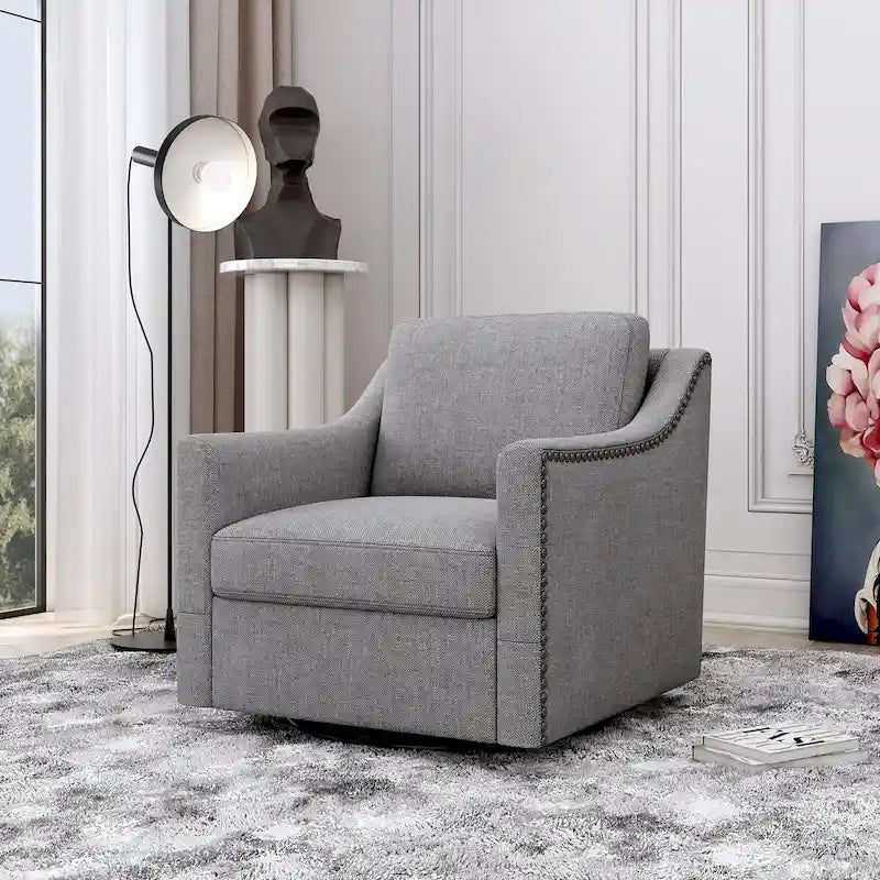 Fauteuil d'appoint pivotant en lin et coton capitonné avec clous décoratifs gris et blanc