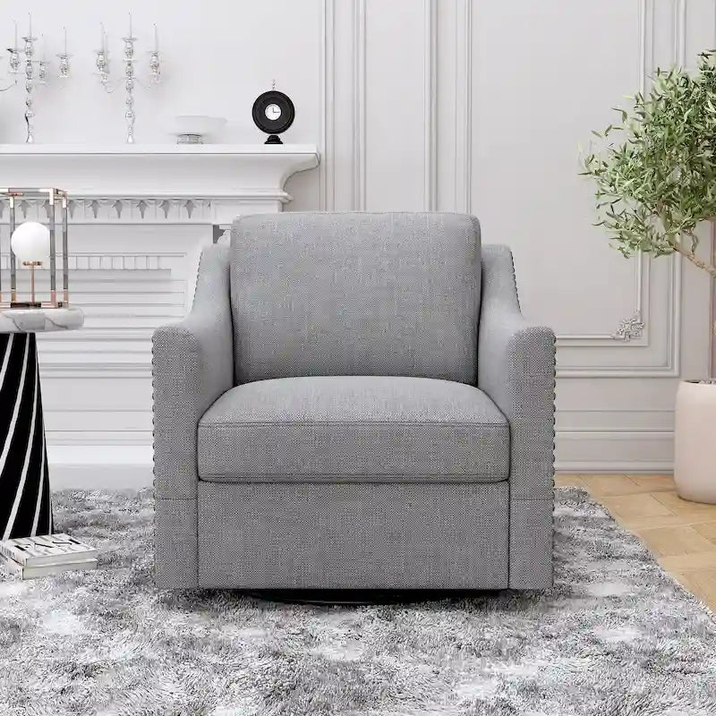 Fauteuil d'appoint pivotant en lin et coton capitonné avec clous décoratifs gris et blanc